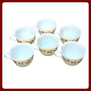 Pyrex Milk Glass Cups Set 6 Vintage Floral Berry Brown Orange MCM Coffee Mug